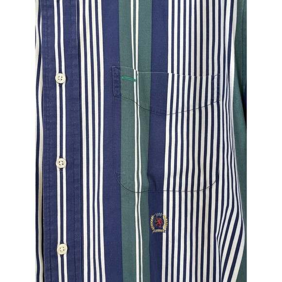 Vintage 90s Tommy Hilfiger Blue & Green Striped Mens Medium Shirt Button - Picture 8 of 9